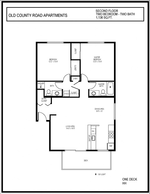 Floor plan for 2 beds, 2 baths, 1136 sqft